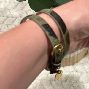 Victoria Emerson double wrap bracelet green camo print gold buckle and charm